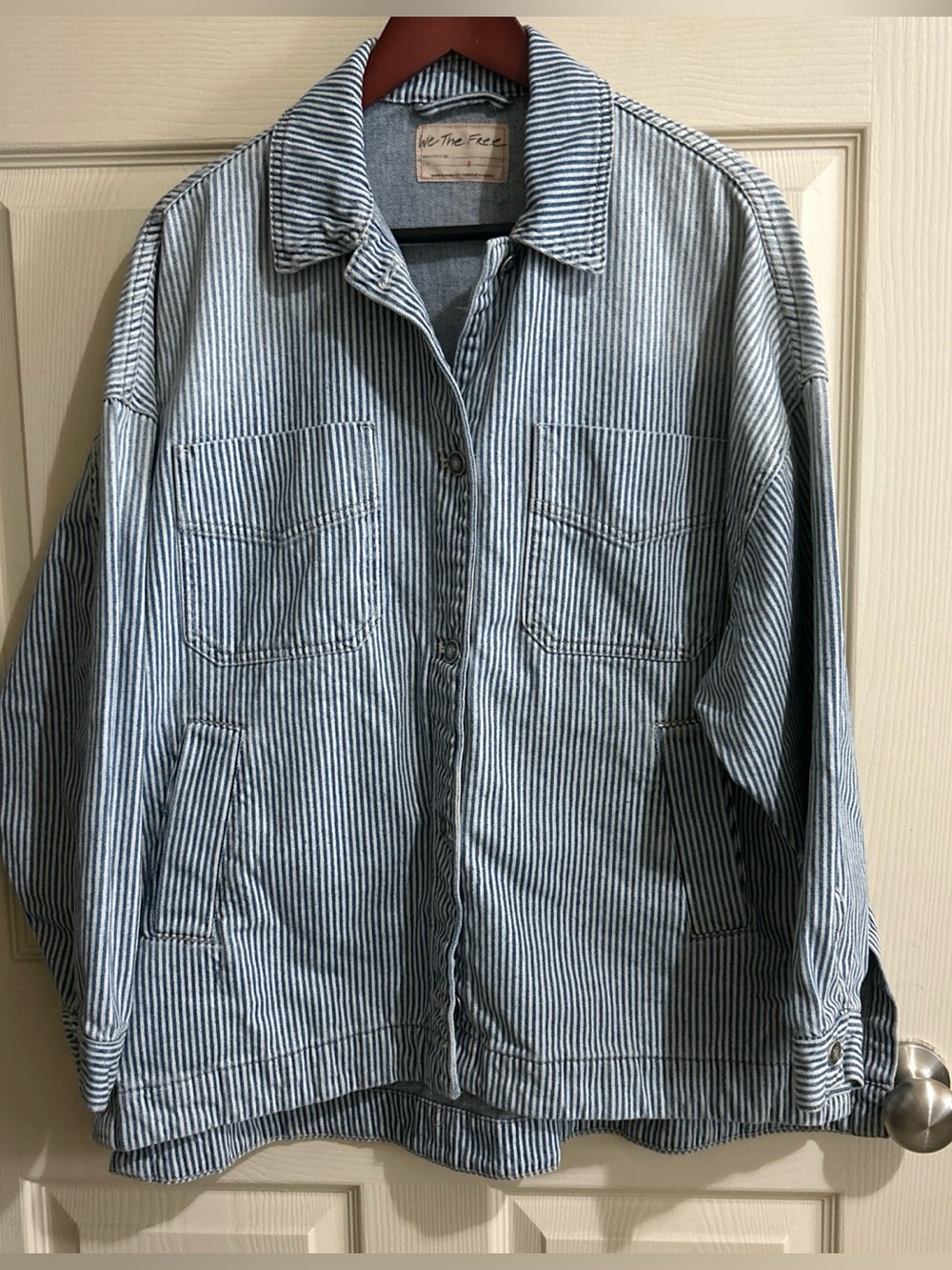FREE PEOPLE We The Free Madison City Railroad Jacket Denim OVERSIZED Striped Sm